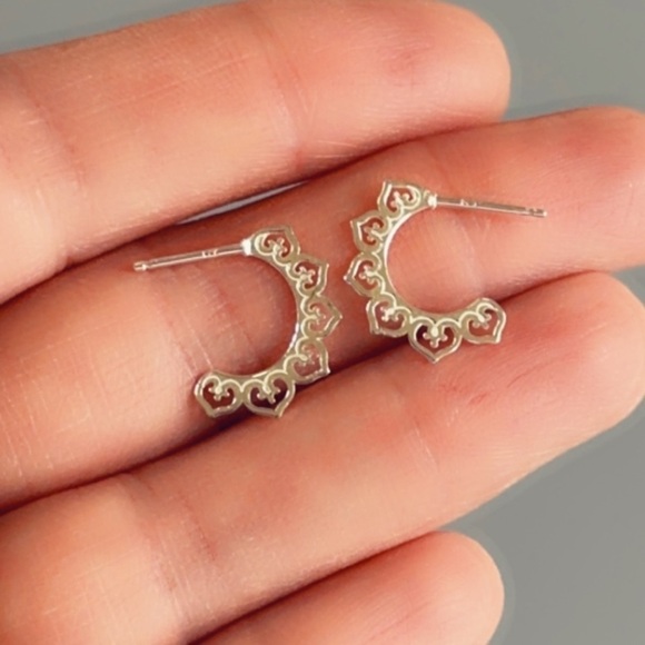 Sterling Silver Laser Cut Heart Half Hoop Earrings - Picture 7 of 9